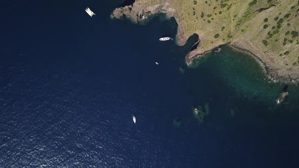 Aerial View on Anchored Vessels in Mediterranean Sea, Rocks and Mountain of Lipari Island with