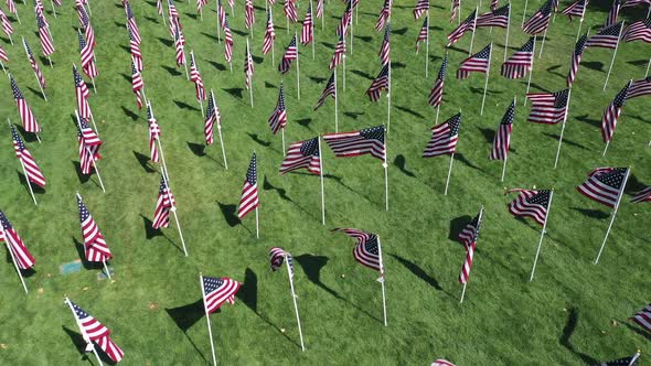 Aerial view flying over American Flags displayed at park