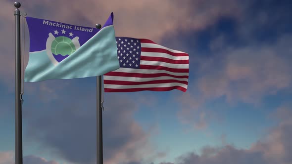 Mackinac Island City Flag Waving Along With The National Flag Of The USA - 4K