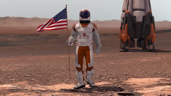 Astronaut Walking on Mars with American Flag alt