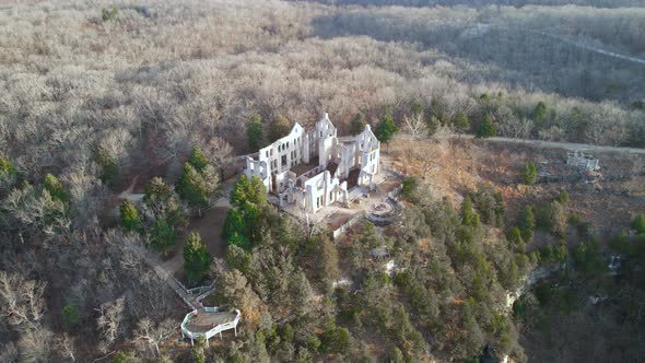 Aerial Drone View Above Cliffside Castle Ruins in Missouri