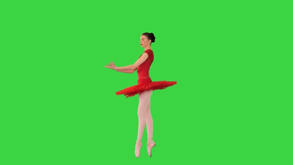 Ballerina in a Red Tutu Walking on Pointes on a Green Screen Chroma Key