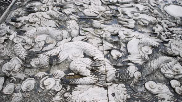 Detailed Stone Design At The Ancient Temple At Ninh Binh, Tam Coc In Vietnam. - Close Up Shot