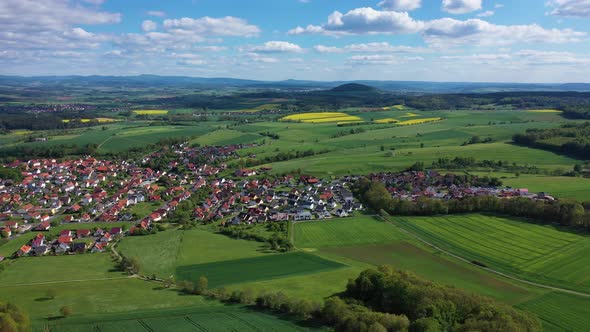 Aerial view of a village with photovoltaic on the roofs, Marbach, Germany.