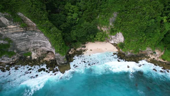 Aerial drone video of Tembeling beach on Nusa Penida Island in Bali Indonesia