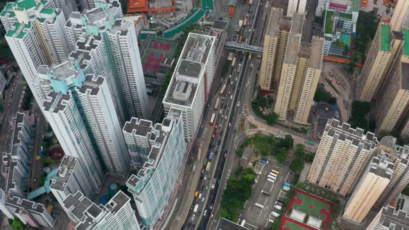 Drone fly over Hong Kong city