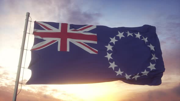Flag of Cook Islands Waving in the Wind Sky and Sun Background