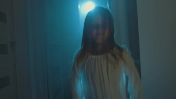 Ghost Girl In White Nightgown With Loose Hair In A Scary House