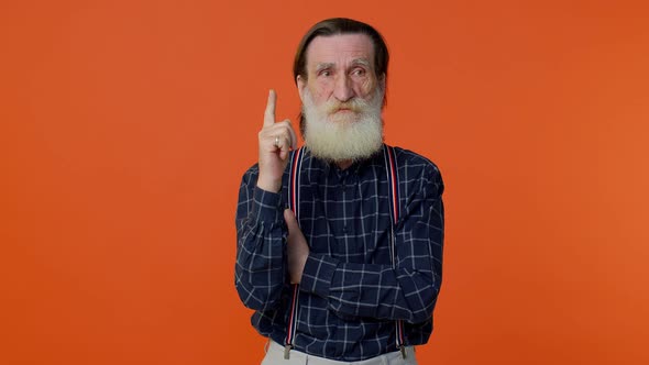 Inspired Mature Old Bearded Grandfather Pointing Finger Up Showing Eureka Gesture Good Idea