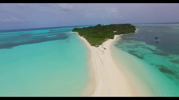 Aerial drone landscape of luxury resort beach voyage by blue sea and bright sand background of a day