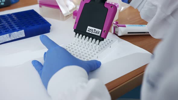 Scientist using a multichannel Pipette to collect samples in a chemistry lab