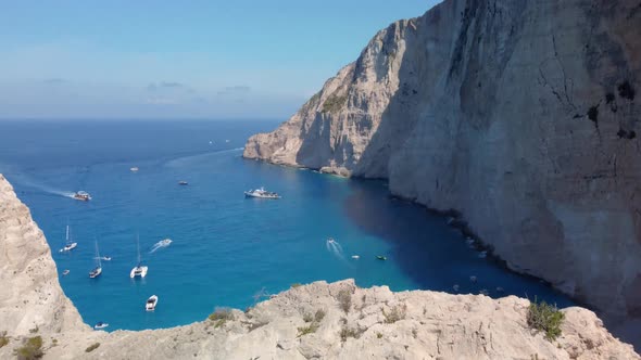 Aerial panoramic view of the famous shipwreck beach at Zakynthos island, Ionian Sea, Greece, with bl