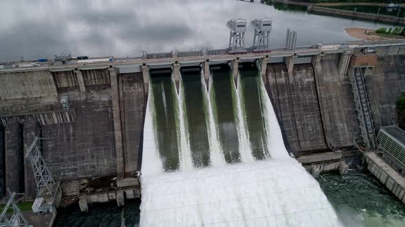 Aerial View of Water Discharge at Hydroelectric Power Plant of Krasnoyarsk City Siberia Russia