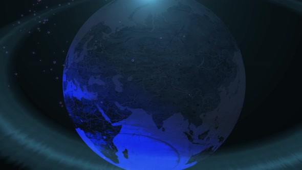 Sunrise Over Earth Realistic Earth With Night Lights From Space Blue Color Background