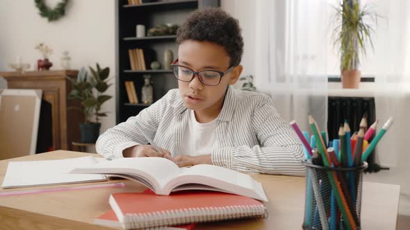 Clever African American Schoolboy Wearing Eyeglasses Studying at Home Writing Exercises Alone