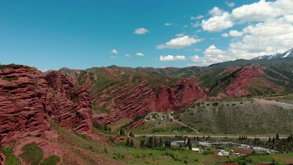 Panorama View on Mountains with Rocks and Trees and Mountain River