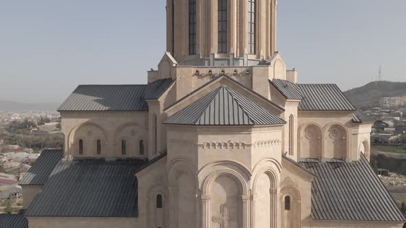 Aerial view of Holy Trinity Cathedral Sameba in Tbilisi Georgia. Sunrise drone footage 2021