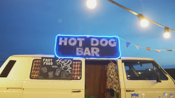 Food Truck with Garland Lights at Night