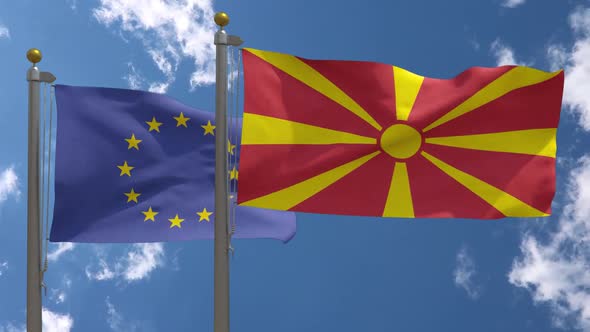 European Union Flag Vs Macedonia Flag On Flagpole