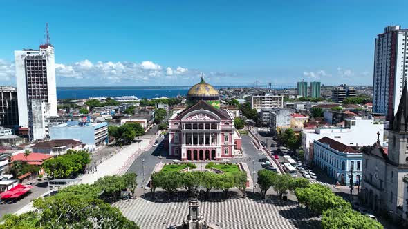 Panorama aerial view of Amazonas Theater at downtown city Manaus Brazil. Cityscape of tourism landma