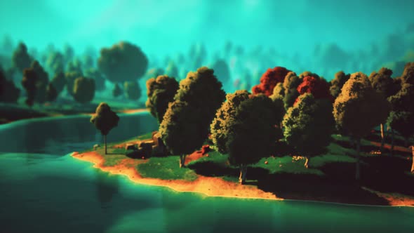 Cartoon Green Forest Landscape with Trees and Lake