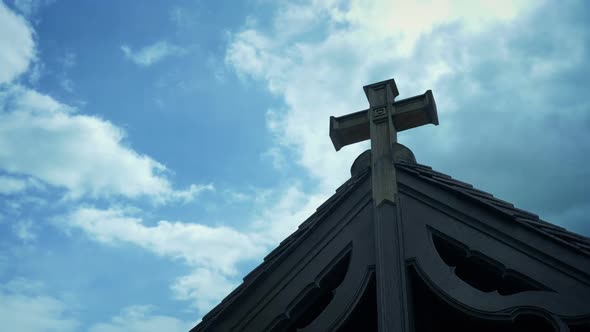 Wooden Church Building Detail With Dramatic Sky