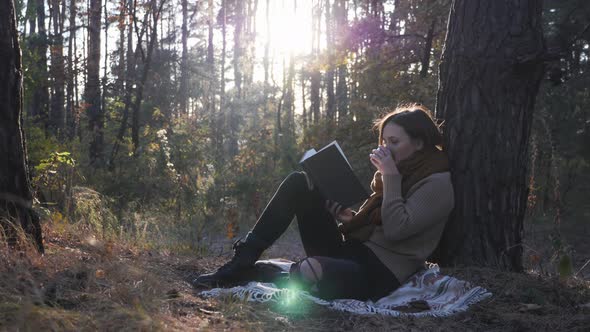 Woman tourist in cozy sweater, scarf and jeans sitting in fall forest, reading book  and drink tea