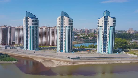 Just Married Couple Near Calm River in City Bird Eye View