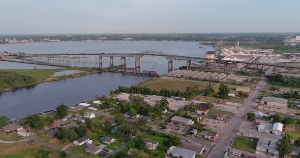 Aerial of cars traveling over the Calcasieu River Bridge in Lake Charles, Louisiana