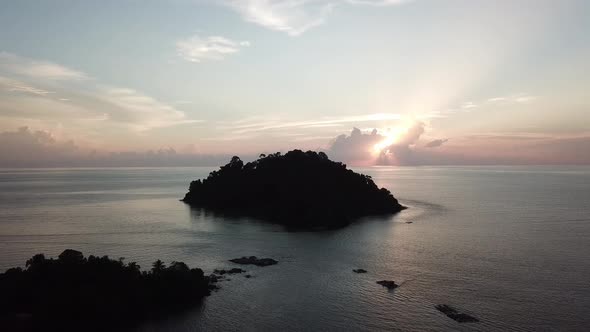 Aerial sunset with ray at Pulau Sayak 