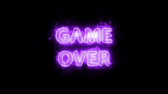 Game over neon letters glowing on a black background screensaver. Neon text