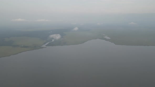 Aerial view of Lake Paliastomi at sunset. Kolkheti National Park, Georgia