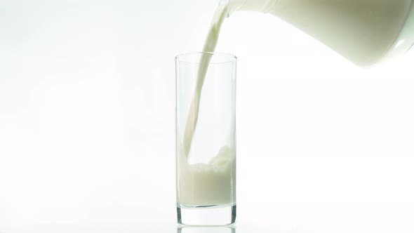 Pouring Milk From A Jug Into A Glass Isolated On A White Background, A Natural Dairy Product