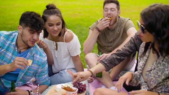 Friends with Drinks Eating Food at Summer Picnic 