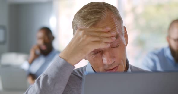 Tired Mature Businessman in Formal Wear Feel Eyes Tension and Muscles Strain After Working on Laptop