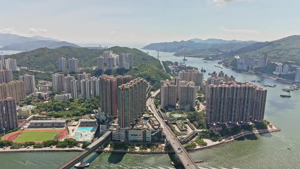 Aerial Drone City View of Tsing Yi Island in Hong Kong