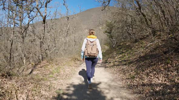 A Woman Traveler with a Large Backpack Walks Along a Forest Trail
