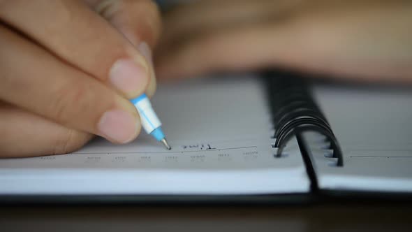 Hand woman writes a letter with pen on diary