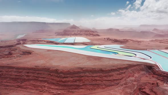 Blue Potash Salt Ponds in Red Desert Cinematic Panorama Colorado River Canyon