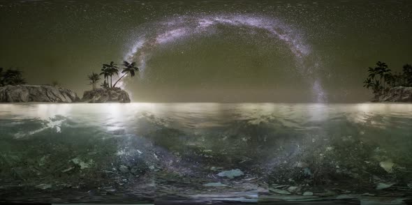 VR 360 Beautiful Fantasy Tropical Beach with Milky Way Star in Night Skies