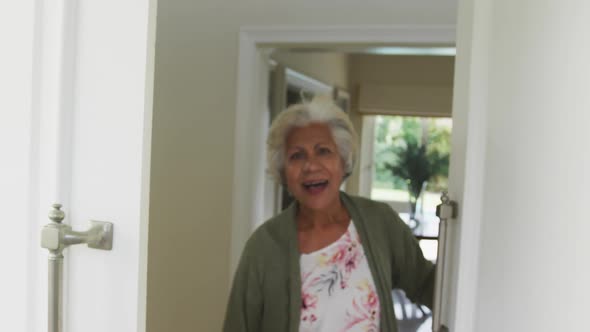 Portrait of smiling senior african american woman looking at camera and talking