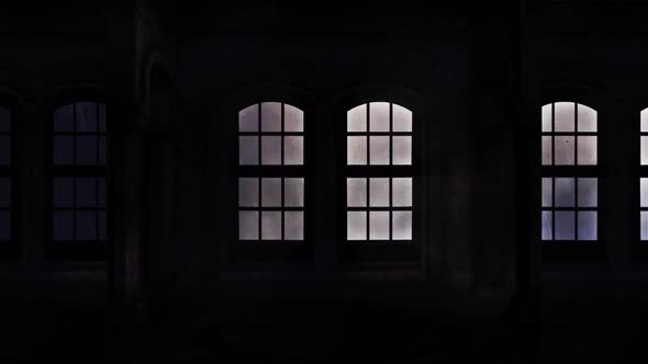 Windows Of A Spooky Castle Showing A Lightning Storm