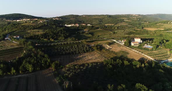 Aerial view of beautiful countryside at sunset with vineyard, Croatia.