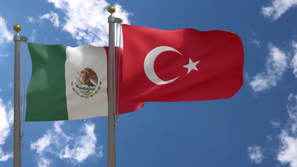 Mexico Flag Vs Turkey Flag On Flagpole