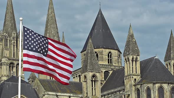 700763 American Flag Waving in the Wind, Caen City in Normandy, Slow Motion