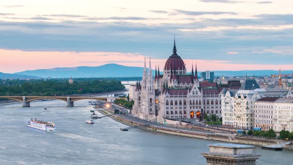 Budapest with Parliament building and Danube river at sunset