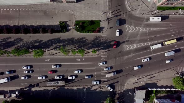 Aerial Top Down Shot of a Traffic Jam on a Car Road Intersection in the Rush Hour.