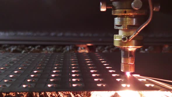 Process of Sheet Metal Laser Cutting Closeup with Selective Focus