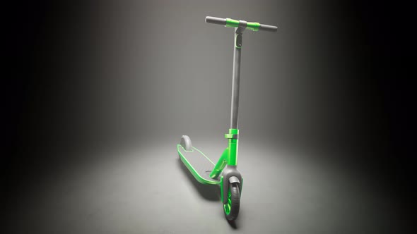 Green electric scooter standing in a spotlight. A modern way of city travel 4KHD