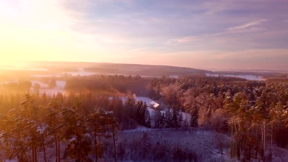 Flight Over House in Beautiful Winter Forest